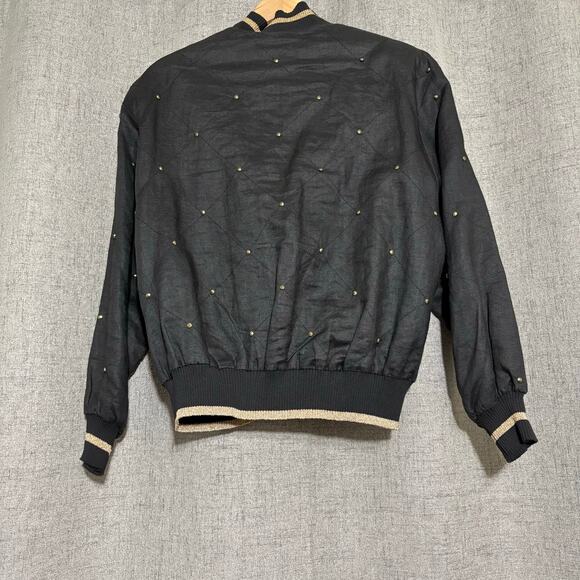 Vintage Pia Rucci Jacket Women Medium Black 100% Ramie Studded Gold Bomber - Picture 2 of 6